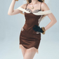 Romantic Spaghetti Straps Mini Dress Brown Lace Tassel Sheath Short Dress D0150