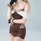 Romantic Spaghetti Straps Mini Dress Brown Lace Tassel Sheath Short Dress D0150