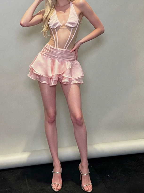 Cute Halter Neck Mini Dress Pink Party Outfit Ruffled A-Line Short Dress D0154
