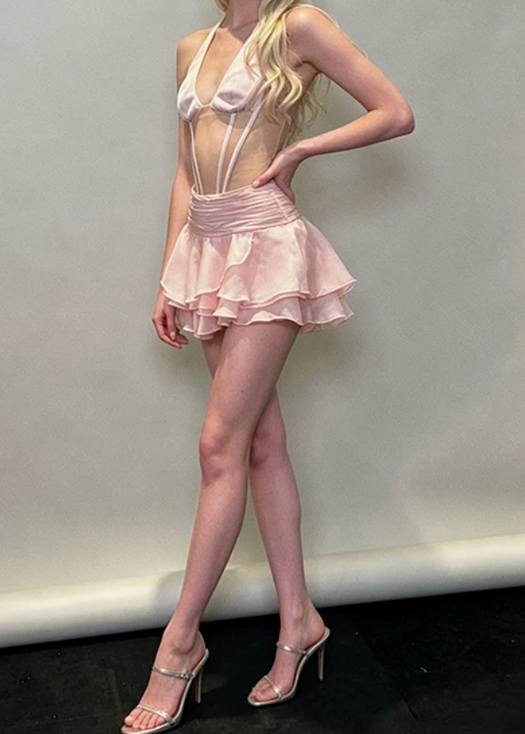 Cute Halter Neck Mini Dress Pink Party Outfit Ruffled A-Line Short Dress D0154