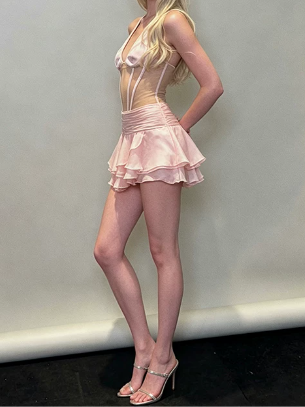 Cute Halter Neck Mini Dress Pink Party Outfit Ruffled A-Line Short Dress D0154