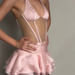Cute Halter Neck Mini Dress Pink Party Outfit Ruffled A-Line Short Dress D0154