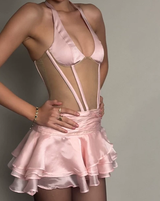 Cute Halter Neck Mini Dress Pink Party Outfit Ruffled A-Line Short Dress D0154