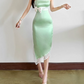 Chic Spaghetti Straps Summer Dress Green Bow Lace Sheath Midi Dress D0155