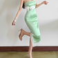 Chic Spaghetti Straps Summer Dress Green Bow Lace Sheath Midi Dress D0155