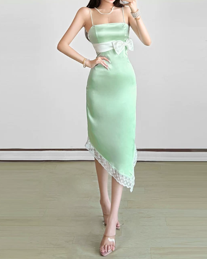 Chic Spaghetti Straps Summer Dress Green Bow Lace Sheath Midi Dress D0155