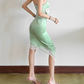 Chic Spaghetti Straps Summer Dress Green Bow Lace Sheath Midi Dress D0155