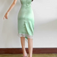 Chic Spaghetti Straps Summer Dress Green Bow Lace Sheath Midi Dress D0155