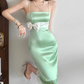 Chic Spaghetti Straps Summer Dress Green Bow Lace Sheath Midi Dress D0155