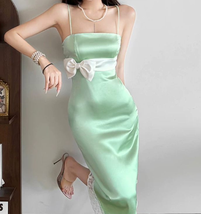Chic Spaghetti Straps Summer Dress Green Bow Lace Sheath Midi Dress D0155