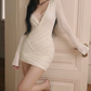 Retro V Neck White Mini Dress Long Sleeve Lace Sheath Short Dress D0157