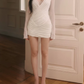 Retro V Neck White Mini Dress Long Sleeve Lace Sheath Short Dress D0157