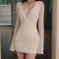 Retro V Neck White Mini Dress Long Sleeve Lace Sheath Short Dress D0157