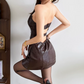 Fascinating Strapless Brown Mini Dress Leather Sheath Short Dress D0158