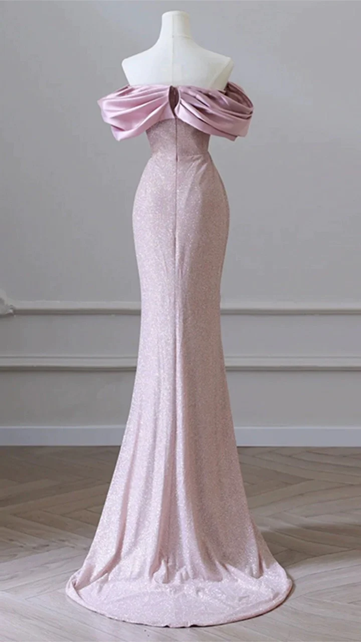 Modest Mermaid Off The Shoulder Sequin Pink Long Prom Dress D016