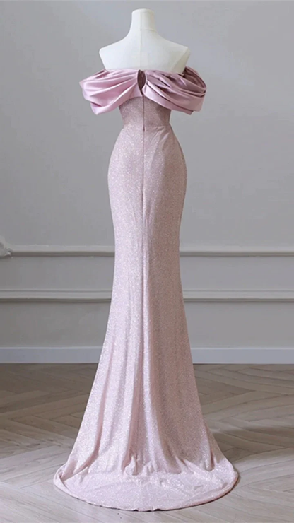 Modest Mermaid Off The Shoulder Sequin Pink Long Prom Dress D016