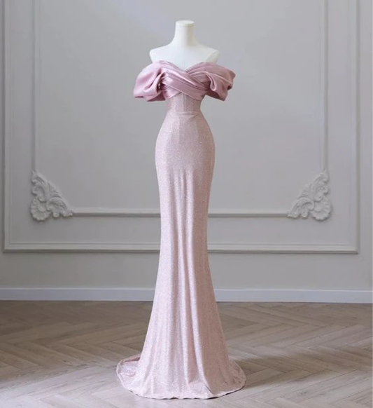 Robe de bal longue rose sirène modeste, épaules dénudées, paillettes, D016