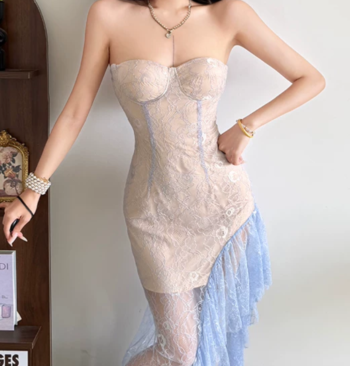 Glam Strapless Lace Homecoming Dress Purple Ruffled Sheath Birthday Dress D0160
