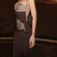 Classical Spaghetti Straps Summer Dress Brown Lace Sheath Midi Dress D0161