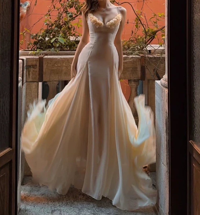 Gorgeous Spaghetti Straps Prom Dress Ivory Appliques A-Line Evening Dress D0162