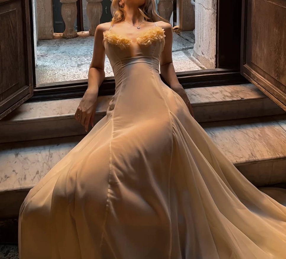 Gorgeous Spaghetti Straps Prom Dress Ivory Appliques A-Line Evening Dress D0162