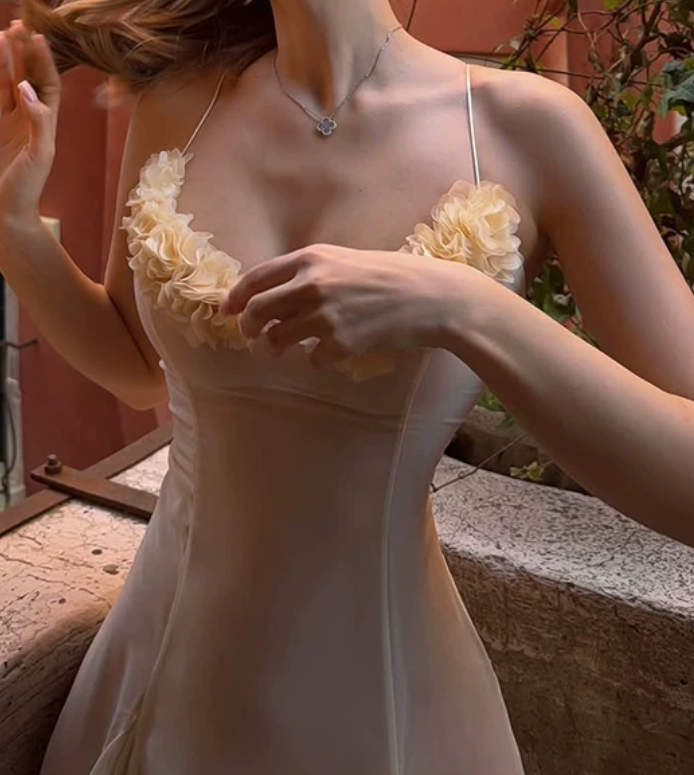 Gorgeous Spaghetti Straps Prom Dress Ivory Appliques A-Line Evening Dress D0162