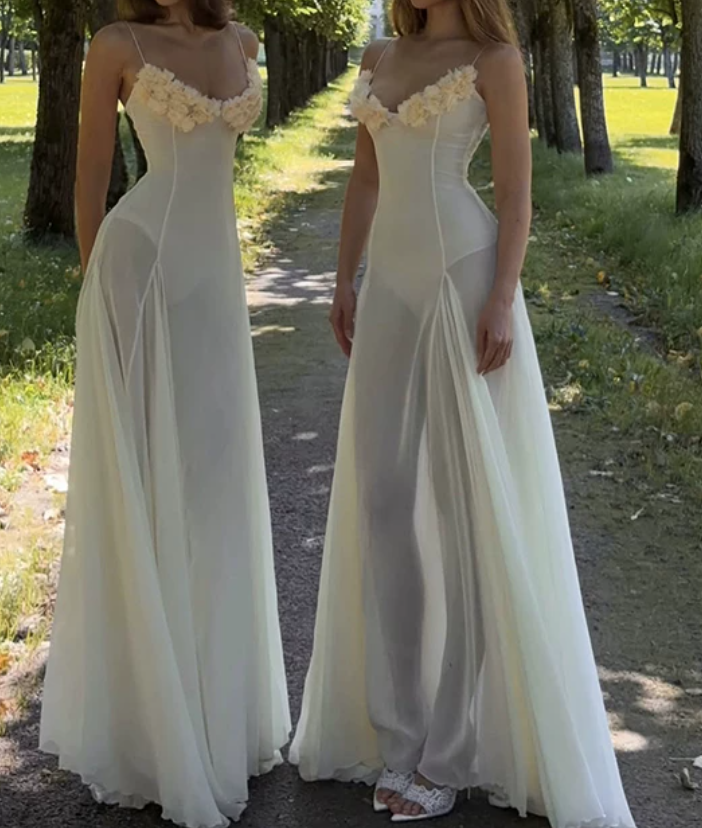 Gorgeous Spaghetti Straps Prom Dress Ivory Appliques A-Line Evening Dress D0162