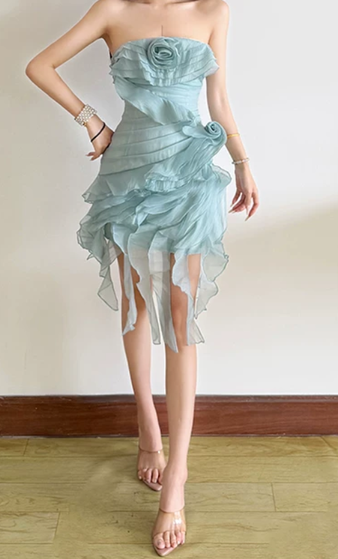 Sexy Strapless Homecoming Dress Ruffles Floral Sheath Birthday Dress D0192
