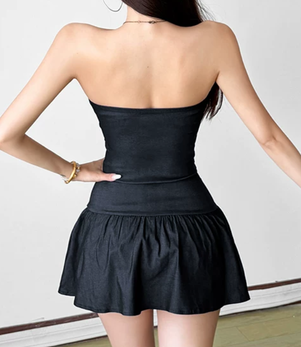 Playful Strapless Mini Dress Black A-Line Short Dress D0193