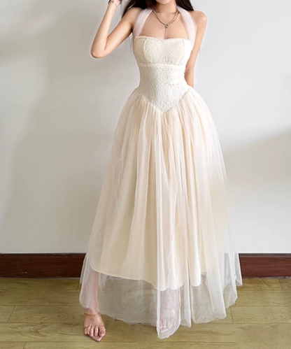 Classical Halter Neck Prom Dress Ivory Lace Tulle A-Line Evening Dress D0194