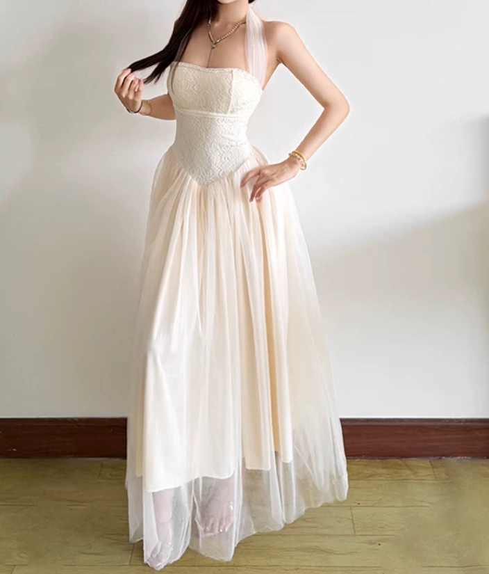 Classical Halter Neck Prom Dress Ivory Lace Tulle A-Line Evening Dress D0194