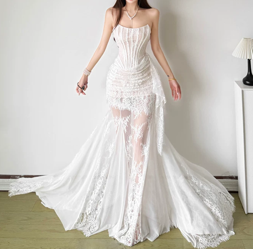 Classical Strapless Wedding Dresses Lace Mermaid Bridal Dress D0195