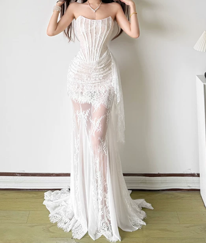 Classical Strapless Wedding Dresses Lace Mermaid Bridal Dress D0195