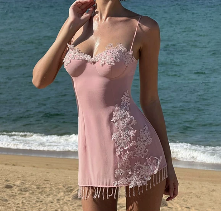 Cute Spaghetti Straps Homecoming Dress Pink Appliques Tassel Sheath Birthday Dress D0196