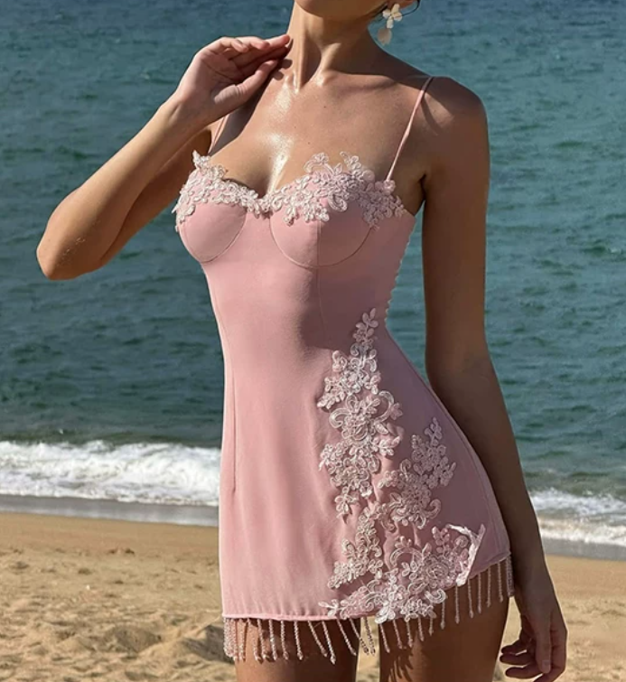 Cute Spaghetti Straps Homecoming Dress Pink Appliques Tassel Sheath Birthday Dress D0196