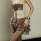 Vintage Strapless Brown Mini Dress Lace Ruffles A-Line Short Dress D0199