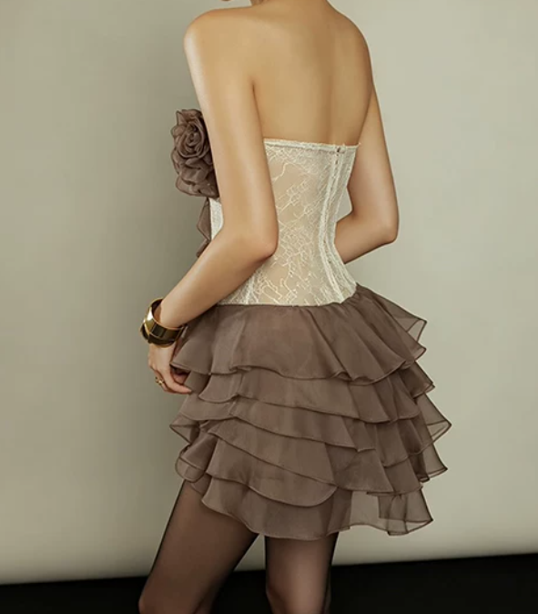 Vintage Strapless Brown Mini Dress Lace Ruffles A-Line Short Dress D0199