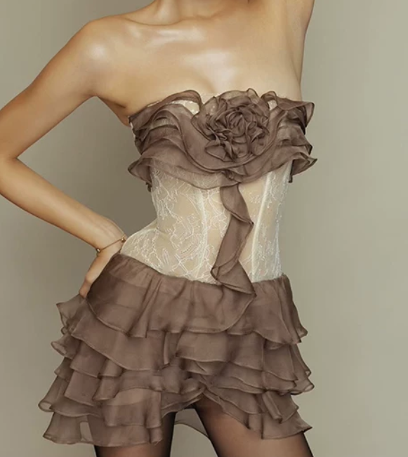Vintage Strapless Brown Mini Dress Lace Ruffles A-Line Short Dress D0199