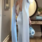 Chic Off The Shoulder Prom Dress Blue Satin Mermaid Evening Dress D0200