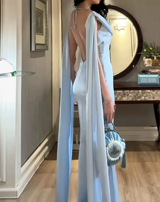 Chic Off The Shoulder Prom Dress Blue Satin Mermaid Evening Dress D0200