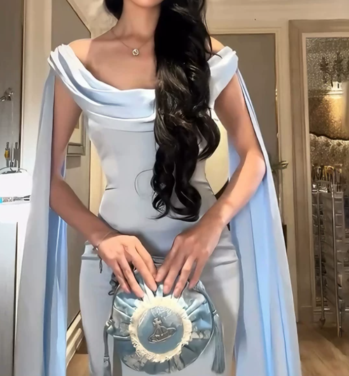 Chic Off The Shoulder Prom Dress Blue Satin Mermaid Evening Dress D0200