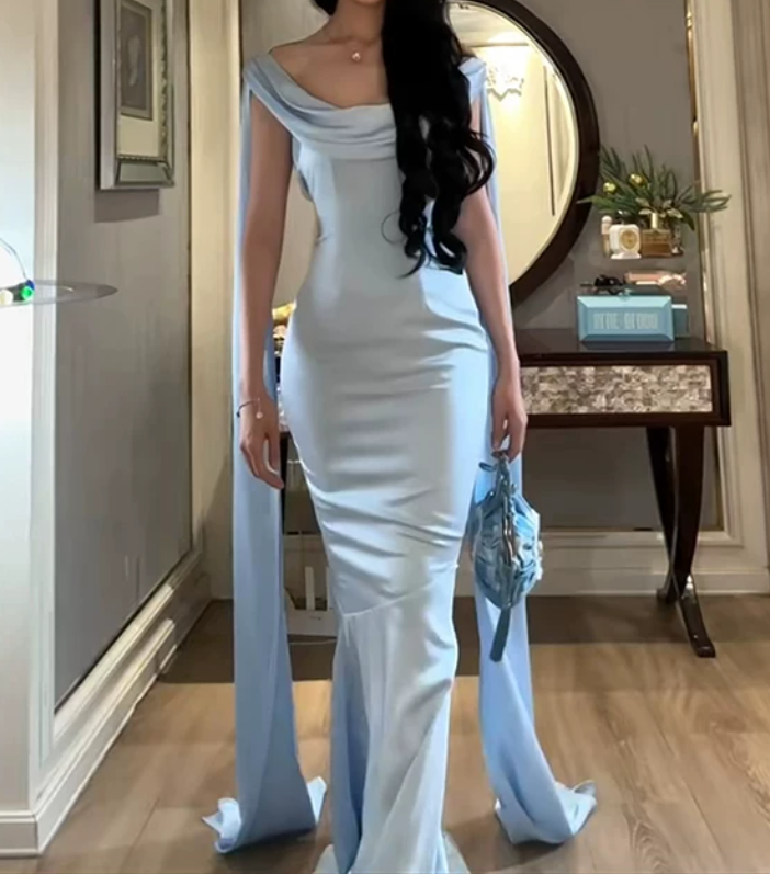 Chic Off The Shoulder Prom Dress Blue Satin Mermaid Evening Dress D0200