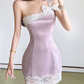 Cute One Shoulder Homecoming Dress Purple Bow Lace Sheath Birthday Dress D0201