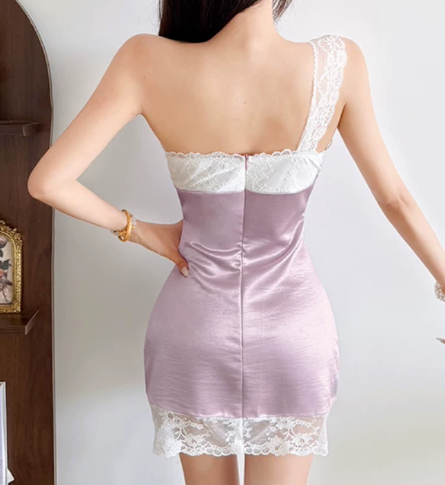 Cute One Shoulder Homecoming Dress Purple Bow Lace Sheath Birthday Dress D0201