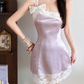 Cute One Shoulder Homecoming Dress Purple Bow Lace Sheath Birthday Dress D0201