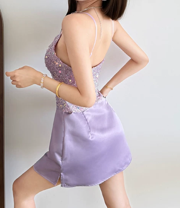 Glittering Spaghetti Straps Homecoming Dress Purple Sequins A-Line Birthday Dress D0202