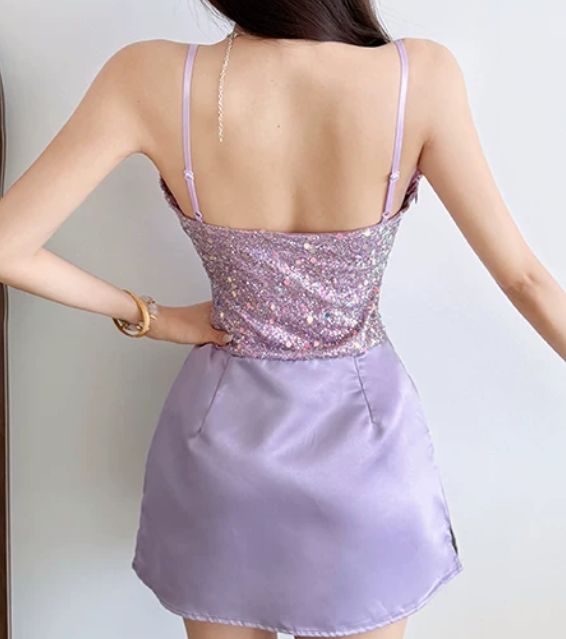 Glittering Spaghetti Straps Homecoming Dress Purple Sequins A-Line Birthday Dress D0202