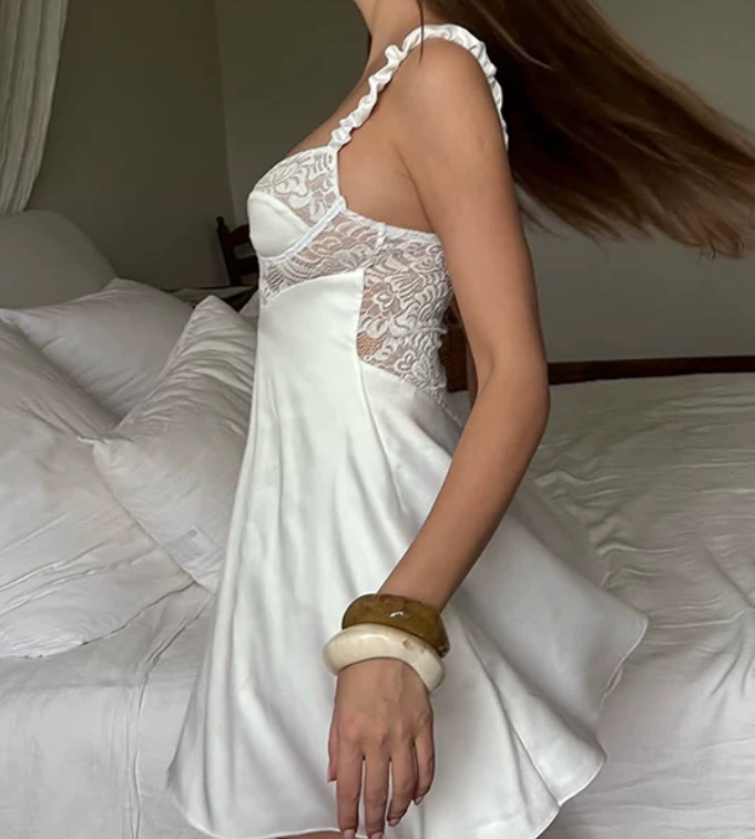 Graceful Spaghetti Straps Mini Dress White Lace A-Line Short Dress D0205