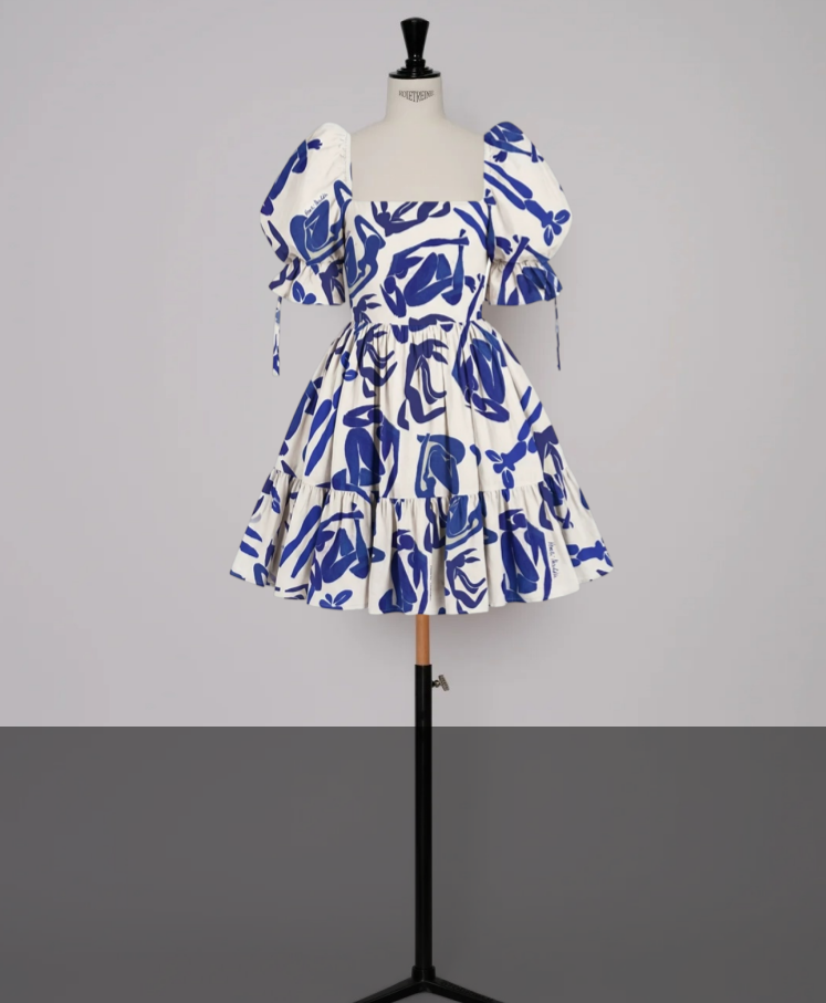 Retro Square Neck Homecoming Dress Blue Short Sleeve A-Line Birthday Dress D0207