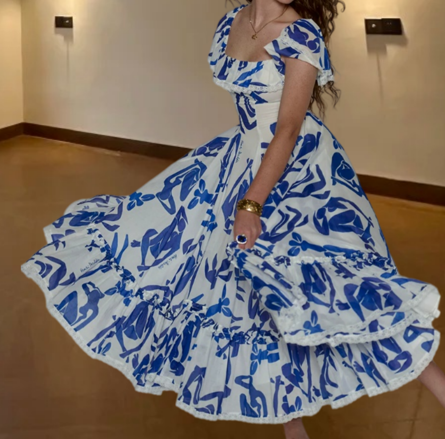 Vintage Square Neck Prom Dress Blue A-Line Evening Dress D0208